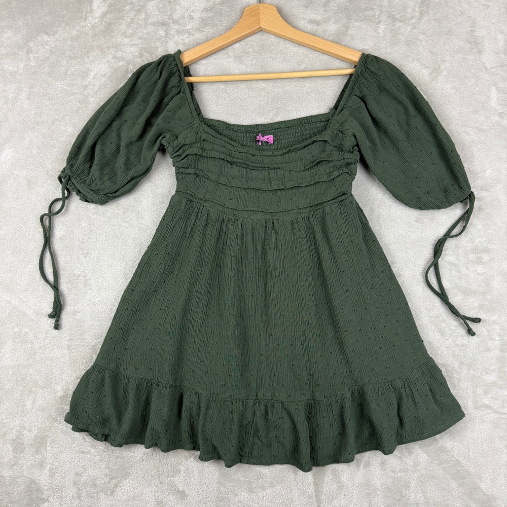 MiAmi Francesca Mini Dress S Hunter Green Babydoll Puff Sleeve Cottagecore Boho